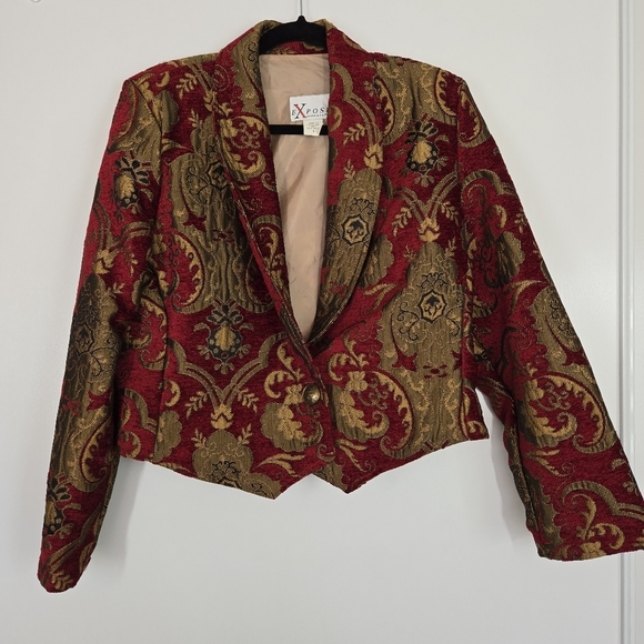 Expose Chenille Cropped Peaked Lapel Blazer Large Paisley Red Gold Western Vtg - Picture 8 of 16